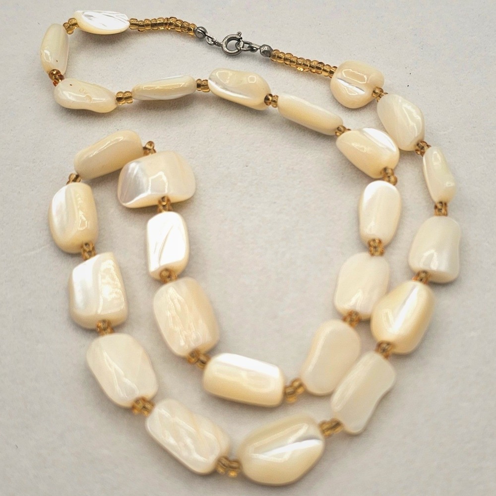 Vintage Necklace Iridescent Shell Cream Gold Seed Beads 22"